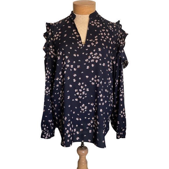 Ann Taylor Women's Large Navy Blue Blouse Floral Cold Shoulder Sleeve Polyester - Picture 1 of 11